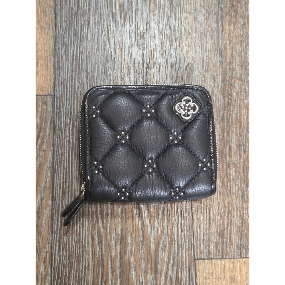 Brighton Black Quilted Leather Studded Zip Around Bifold Wallet Floral Medallion